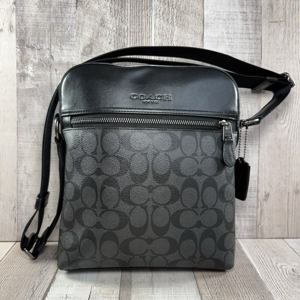Coach Houston Flight Bag In Signature Canvas Men's Crossbody Leather Gray Black